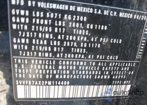 2023 Volkswagen Tiguan 2.0T S z USA, uszkodzony, nr VIN 3VVFB7AX2PM114406